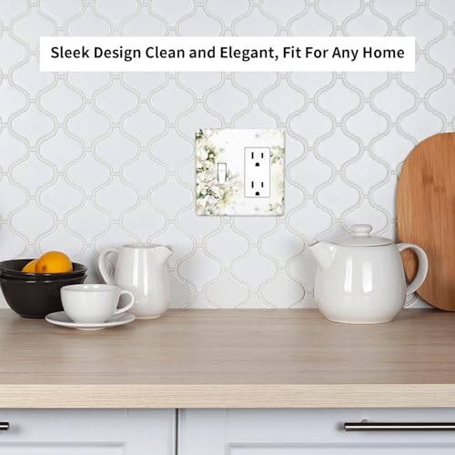 Decorative Outlet Covers Rustic Ink Green Leaves White Florals Flower 2 Gang Outlet Cover Wall Plate Single Toggle Rocker Light Switch Cover Plate Switch Plate Covers for Bedroom Decor