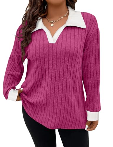 Image of Koscacy Women Plus Size Casual Knit Sweater Lapel V Neck Solid Color Tops Lightweight Long Sleeve Blouses