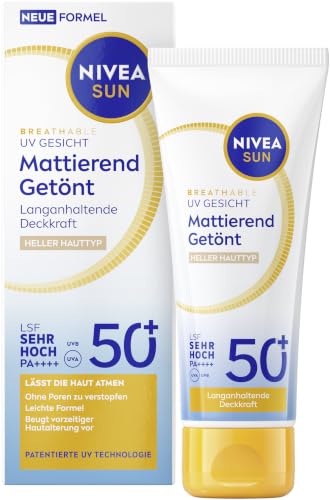 NIVEA SUN getönte Sonnencreme fürs Gesicht LSF 50+ mattierende Gesichtspflege mit LSF getönte Sonnencreme für hellere Hauttypen Breathable UV Gesicht Mattierend getönt Sonnenschutz (40 ml)