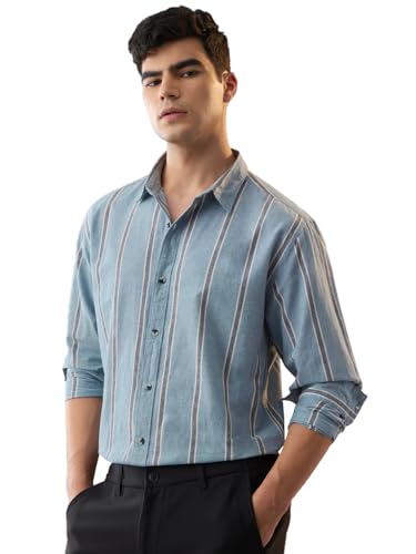 Image of The Souled Store Cotton Linen Stripes: Apricot Men and Boys Long Sleeves Collared Neck Orange Stripes Regular Fit Lightweight Comfortable Summer Cotton Linen Shirts