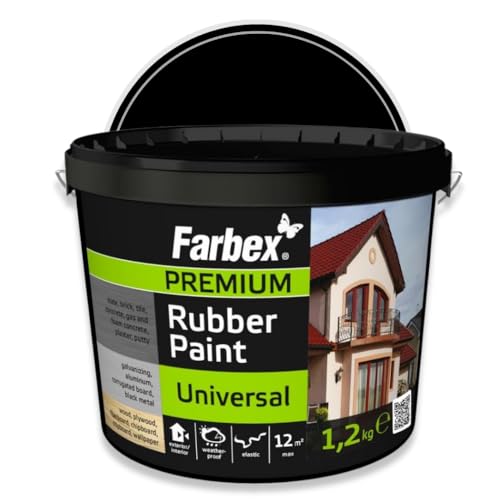 FARBEX Universal Premium Gummi Farbe-Innen und Außenfarbe für alle Oberflächen, Elastische Abdichtung gegen Feuchtigkeit, Witterung-1,2 kg-Schwarz