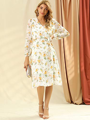 Allegra K Women's Chiffon Floral V Neck Tie Waist Bishop Sleeve Casual Wrap Midi Dress Small White #TOP2