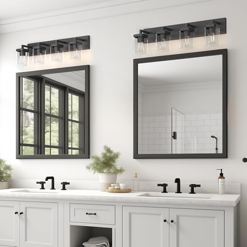 Image of Bathroom Vanity Light, Square Design 4 Lights Morden Bathroom Lighting Fixtures Over Mirror, Black Bathroom Light Vanity Fixtures for Bathroom /Living Room /Bedroom