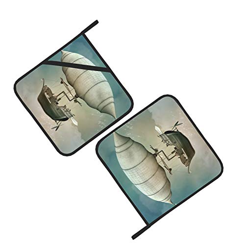 Funny 3D Steampunk Hot Air Balloon Kitchen Sets Heat Resistant Heat Resistant Pot Holders 2 Pcs Oven Pot Holders 8×8 Inch For Cooking And Baking #TOP1