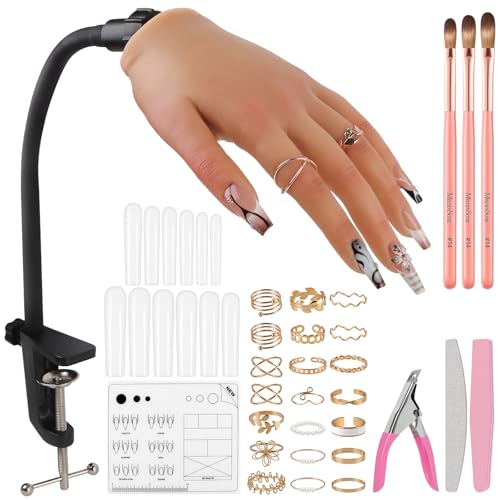 EBANKU Übungshand aus Acryl für Nägel, Silikon Prothesenhand mit verstellbarer Halterung mit Nagelplatte, Schmuckring-Zubehör zum Üben von Nägeln, mit Nail Art Training Tools Schmuck für Anfänger