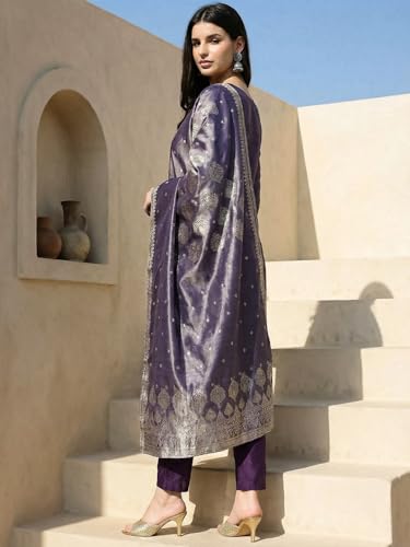 Image of INDO ERA Women's Purple Silk Blend Woven Design Straight Kurta and Pant with Dupatta Set (IESTR5599)