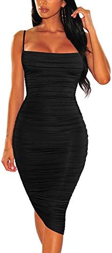 BEAGIMEG Women's Ruched Backless Spaghetti Strap Bodycon Party Club Midi Dress Black