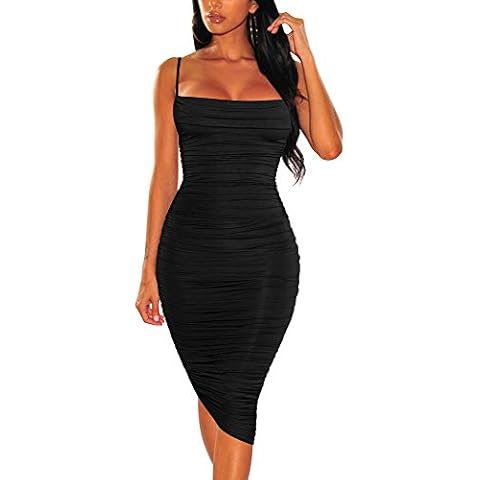 BEAGIMEG Women's Ruched Backless Spaghetti Strap Bodycon Party Club Midi Dress Black Cover