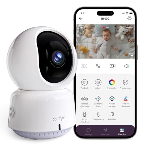 Comfyer babyphone 2.4G WiFi Caméra Surveillance Connectée Smartphone pour Bébé/Animaux/Âgé(e) de Compagnie intérieure et extérieure,2K Caméra sécurité, Suivi Intelligent,Audio Bidirectionnel,Pan-Tilt