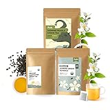 Fescha Green Tea Set, 10oz Organic Gunpowder Tea & 20ct Organic Jasmine Tea Bags & Jasmine Pearls Gr