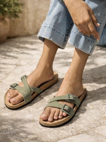 Image of Indifeet Daily Use Stylish Buckle Casual Cork Sandals for Women | Comfortable Arch Support Slippers with Adjustable Double Straps, Daily Use Flats, Light Weight Slides, Office, Outdoors, Home