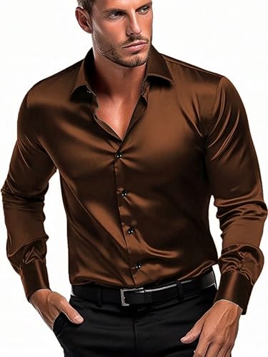 Image of IndoPrimo Men's Satin Shirt with Spread Collar Neck Line Solid Pattern Full Sleeves Regular Fit Western Style and Standard Length