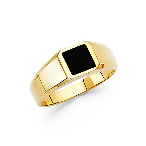 Solid 14k Yellow Gold Square Onyx Ring Mens Band Black Stylish Plain Design Polished Finish Fancy