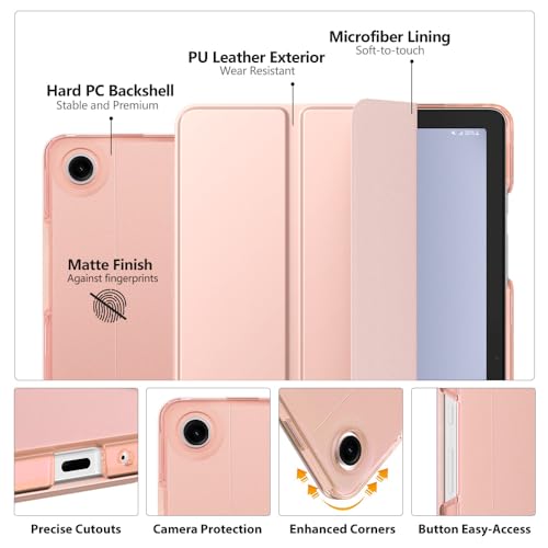 Image of MoKo Trifold Case for Galaxy Tab A9 Plus /A9+ 11 Inch 2023, Rose Gold | Slim Stand Hard PC Translucent Back Shell Smart Cover, Auto Sleep /Wake, Light, Anti-scratch, 2 Adjustable Angle