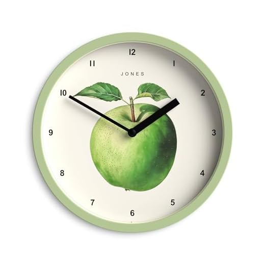 JONES CLOCKS® Fruit Wall Clock | Small Round Clock | 8 inch | Green | Botanical Illustrated Apple Artwork | Ideal for Kitchen and Dining Rooms.