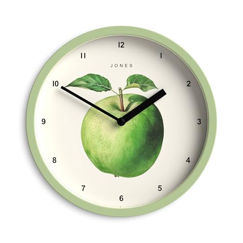 JONES CLOCKS® Fruit Reloj de Pared | Reloj Redondo pequeño | 20cm | Verde | Ilustración botánica ilustrada de Manzanas | Ideal para Cocina y Comedor.