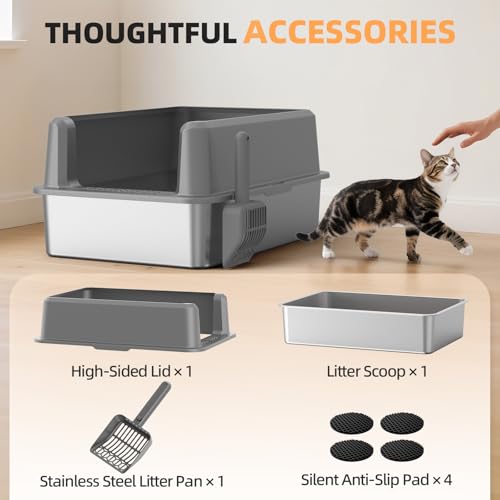 Image of WoofiGo Enclosed Stainless Steel Cat Litter Box with Lid, XL Extra Large Litter Box for Big Cats, Metal Litter Pan High Sided, Never Absorbs Odors, Anti-Urine Leakage, Include Scoop (65-LightGray)