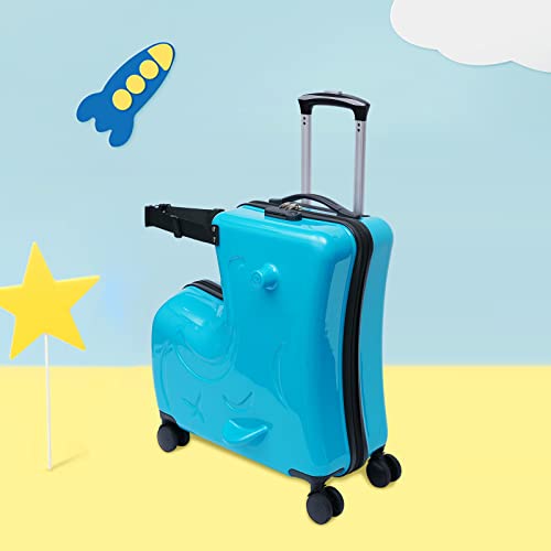 20 Inch Kid Suitcase Ride On Trolley Luggage, Portable Children's Travel Thickening Trolley Case, Kids Luggage with Universal Wheel and Lock, Blue2