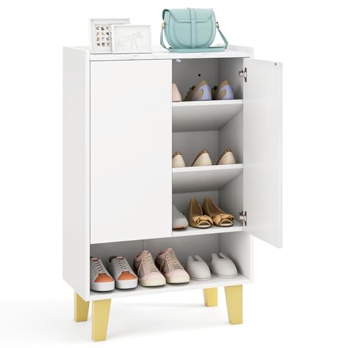 Image of Giantex Shoe Cabinet with Doors, 5-Tier Freestanding Entryway Shoe Storage with Faux Marble Countertop & Open Storages, 38 inch White Shoe Storage Cabinet for Entrance, Hallway, Living Room