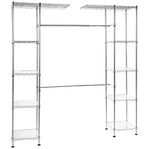 Amazon Basics Expandable Adjustable Metal Hanging Storage Organizer Rack Wardrobe with Shelves, 57-80 x 14 x 72 inches (LxWxH), Chrome
