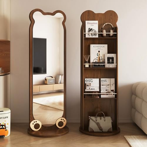 Espejo Giratorio De Cuerpo Entero De 63'×22', Espejo De Piso De Madera Maciza 2 En 1 y Revisteros, Estantes De Almacenamiento De Cuerpo Completo para Sala De Estar, Dormitorio