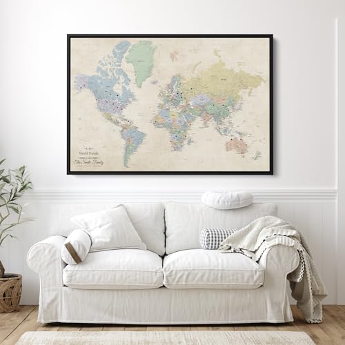 Image of Push Pin Travel Maps Sandy Dreams World Pin Board - Personalized Canvas Travel Map with Pins, Adventure Wall Art Decor for Tracking Trips - Black Float Mount Frame - 30 inch x 45 inch