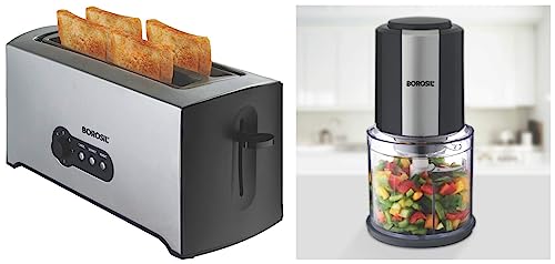 Borosil Krispy 4 Slice Pop-Up Toaster, 1500W & Borosil Chef Delite BCH20DBB21 300-Watt Chopper (Black)