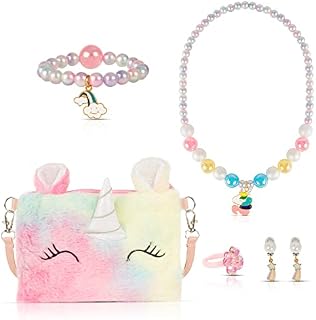 XiYee Plush Unicorn Bag Shoulder Bag Girl Jewellery Set, Unicorn Necklace Bracelet Earrings Rings Jewellery Gift, Party Supplies