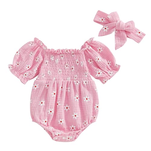 Image of Bonangber Newborn Baby Girl Clothes Ruffled Pleat Long Sleeve Bubble Romper Smocked Bodysuit Jumpsuit Cute Spring Outfits