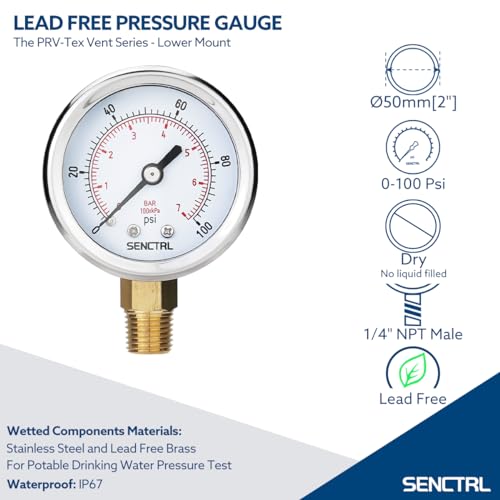 Image of SENCTRL 100 Psi Lead-Free Pressure Gauge, 2 inch Dial, 1 /4 NPT Lower Mount, Anti-Fog, Waterproof, Stainless Steel Case, for Home Potable Water Tank, Well Pump, RV Regulator, Espresso, Pool Filter Test