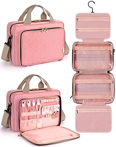 heouvo Travel Toiletry Bag for Women with Jewelry Organizer, Large Hanging Toiletry Bag with Shoulder Strap/ Trolley Belt for Full/ Travel Sized Toiletries and Cosmetics Shampoo Makeup (Pink)