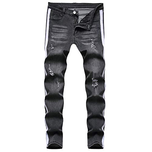 Mens Ripped Destroyed Jeans Straight Fit Stretchy Denim Pants Casual Jeans Skinny Trousers Zipper with Drawstring