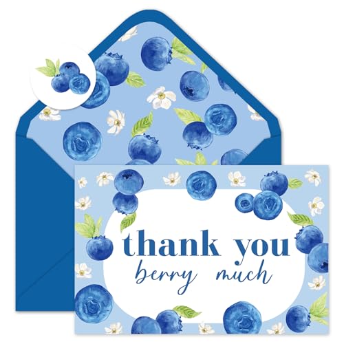 Cartes de remerciement fleurs de myrtilles aquarelle Whaline en papier cartonné premium