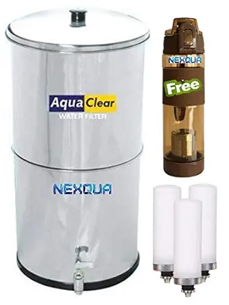 NEXQUA Dew Gravity Water Filter and Purifier With 28 Litre (14+14 Litre Combined) Storage, Includes 3 Ceramic Cartridges, a Plastic Tap and a Alkaline Bottle (Steel Gravity 28L+Alkaline Bottle)