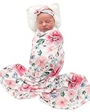 Terriboo Newborn Floral Print Blanket Baby Stretch Wrap Swaddle Receiving Blanket with Matching Headband and Beanie (Pink Floral)