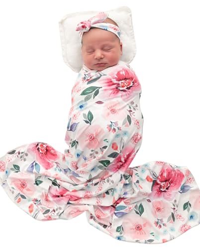 Image of Terriboo Newborn Floral Print Blanket Baby Stretch Wrap Swaddle Receiving Blanket with Matching Headband and Beanie (Pink Floral)