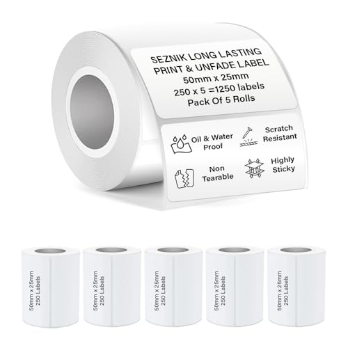 Image of SEZNIK Waterproof, Non-Tearable, Sticky Thermal Lables, Label Roll, 2 inch Adhesive Thermal Labels for Label Printers (50mmx25mm - 1250 Lables), 1250 Labels