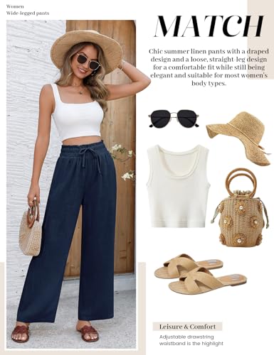 UMIPUBO Womens Cotton Linen Trousers Casual Palazzo Pants Elasticated High Waist Drawstring Wide Leg Beach Pants with Pockets Flowy Loose Lightweight Summer Bottoms Trousers for UK (Navy, S) - Image 5