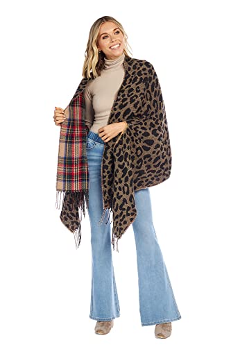 Mud Pie Reversible Tartan and Leopard Womens Scarf Wrap, One Size, Tan2