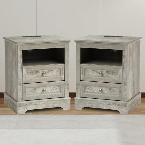 YOCONYO Farmhouse Nightstand with Charging Station, End Table with 2