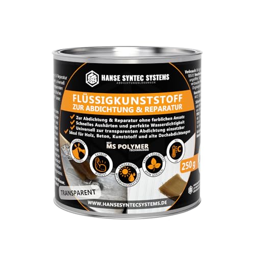 HSS Flüssigkunststoff für Abdichtung & Reparatur – UV- & witterungsbeständig – MS-Polymer – lösungsmittel- & bitumenfrei – Transparent – 250 g für ca. 0,7m²