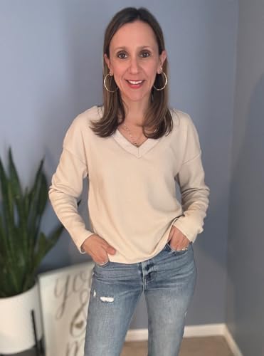 Poetsky Womens V Neck Waffle Knit Cropped Top Long Sleeve Pullover Sweater Casual Crop Shirts2