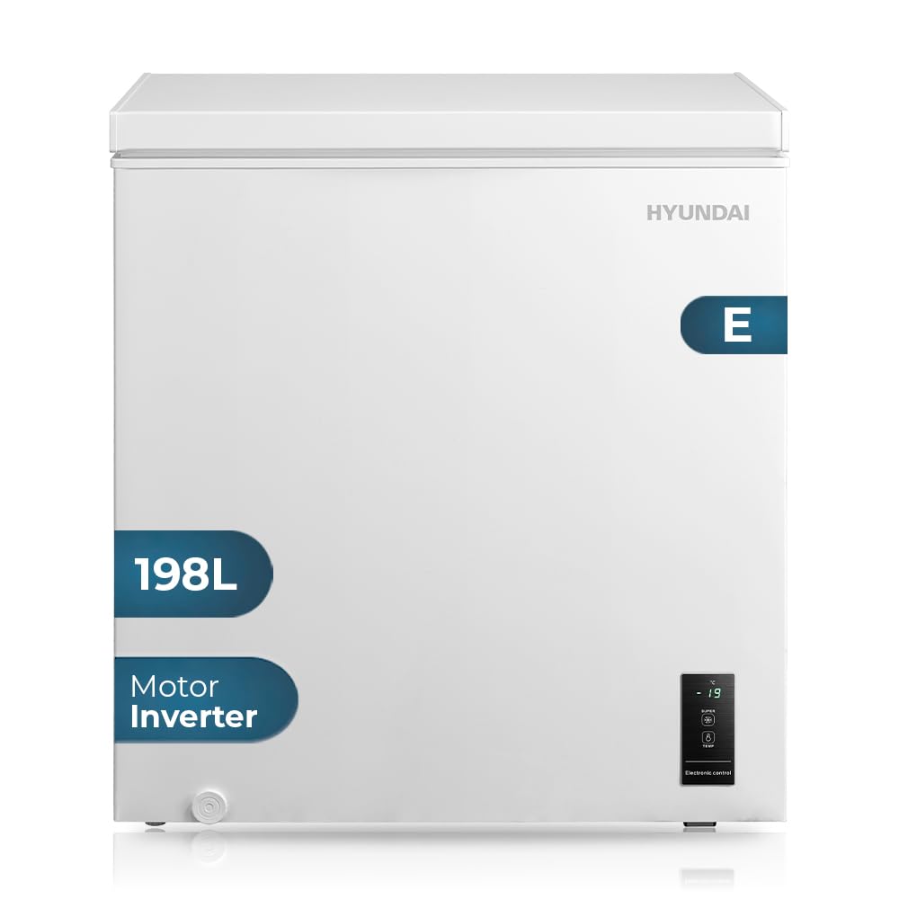 Hyundai Congelador Horizontal Blanco HCH200EDW00. Capacidad 198 Litros, Dual Cooling, 4 Star, Puerta Única Dirección, Modo Super Congelación, Tecnología Inverter, Puerta Abatible, 1 Cesta, 37dB, Clase