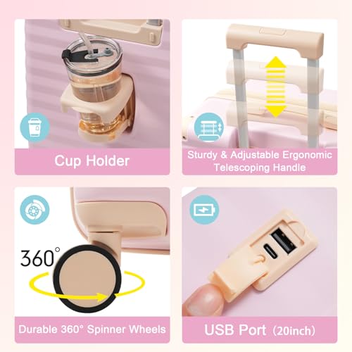 5 Piece Luggage Set w/TSA Locks & USB Port, Front Opening Hard Shell Luggage Sets, Expandable Suitcase Set with Wheels and Cup Holder(20"/24"/28") (Pink)3