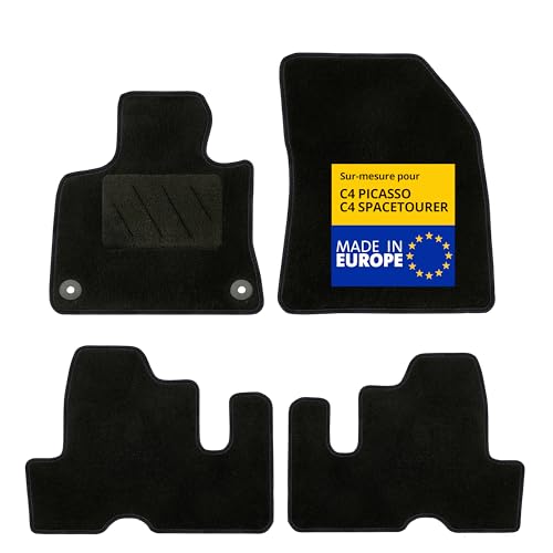DBS – Tapis de Voiture - sur Mesure pour Citroën C4 Picasso (02/2013-03/2018) – Antidérapants avec Clips de Fixation – 4 Tapis Auto Avant/arrière – Moquette Noire