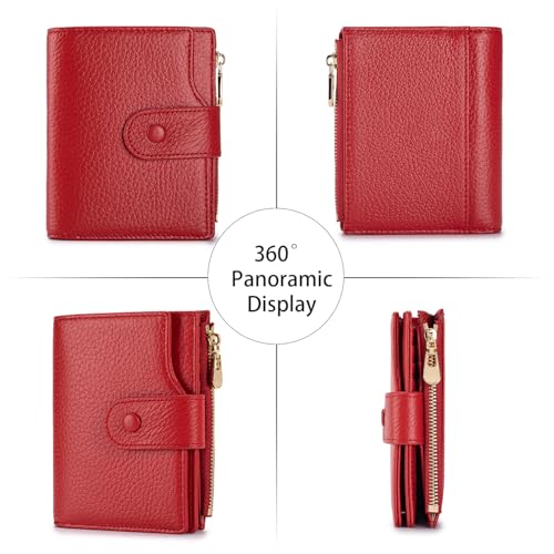 Image of Genuine Leather Wallets for Women RFID Blocking Bifold with Zipper Pocket, 2 ID Windows, 18 Card Slots, Red