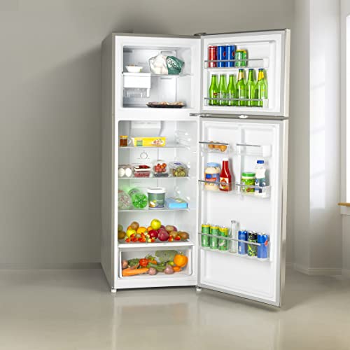 Geepas 348L Double Door No-Frost Refrigerator – Sleek Top-Freezer Design, Stainless Steel Finish, Recessed Handle, Fast Cooling, Chrome Bottle Rack & Glass Shelves – GRF4122SSXN