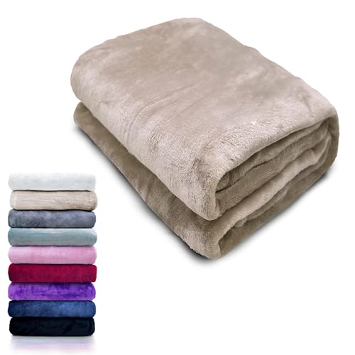 HTE Manta Microfibra para Cama Sofá y Sillón, Manta Polar Lisa de Tacto Suave Super Caliente para Adulto y Niño,Sin Arrugas (Beige, 130 x 160 cm)