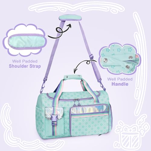 WOOMADA Travel Duffle, Weekend Bag with Wet Pocket & Trolley Sleeve, Gym Dance Bag With Shoe Compartment(Star Turquoise)4