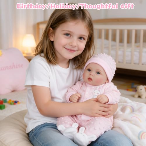 Image of EKOKIZ 18 Inch Reborn Baby Doll - Weighted Lifelike Newborn Girl with Soft Cloth Body, Vinyl Limbs & Rabbit-Themed Outfit, Realistic Hand-Painted Doll for Kids 3+ for Cuddling & Pretend Play